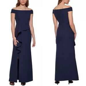 Vince Camuto Women's Navy Blue Off-The-Shoulder Lined Draped Column Gown Size 4
